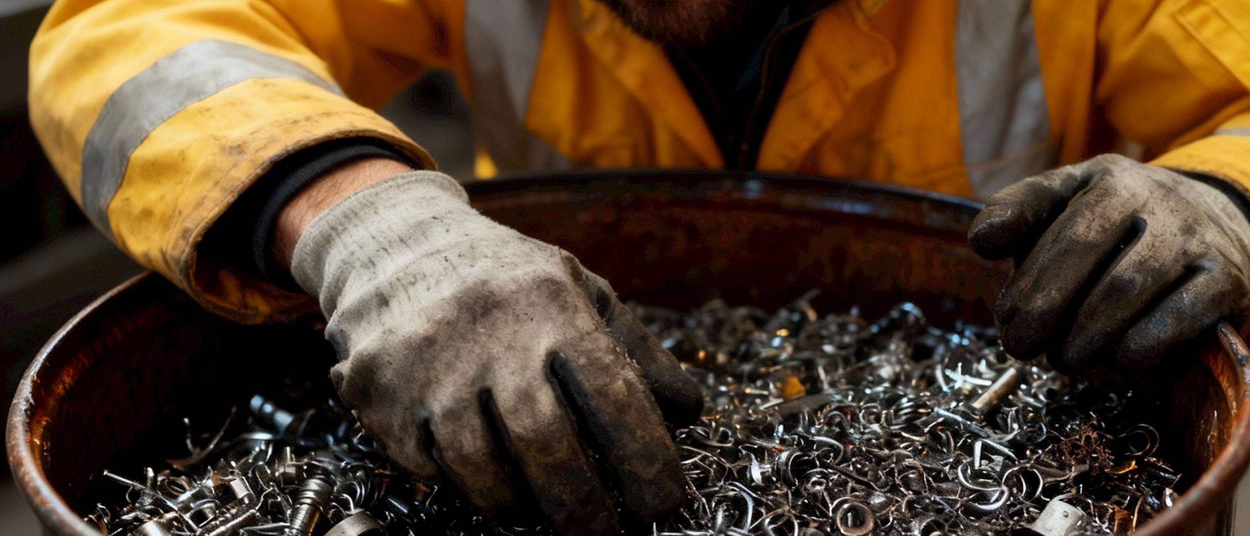 Person sortiert Metallteile in einem Behälter mit Handschuhen.