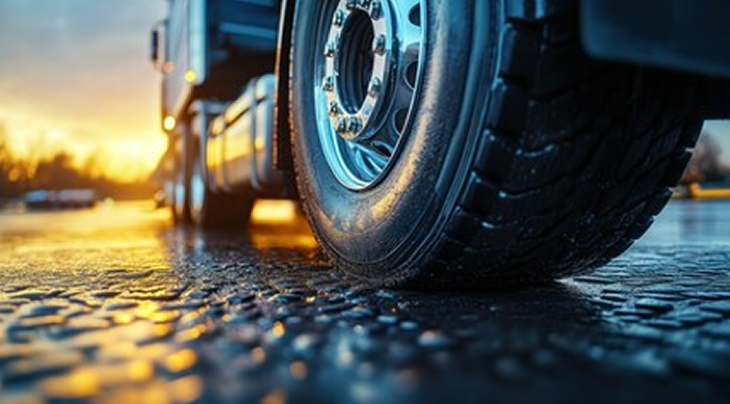 Nahaufnahme eines Lkw-Reifens auf nasser Straße bei Sonnenuntergang.